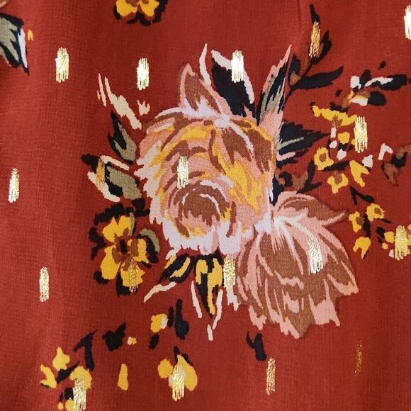 Luxology women's XL ruffled bronze floral print long sleeve dress - Picture 3 of 6